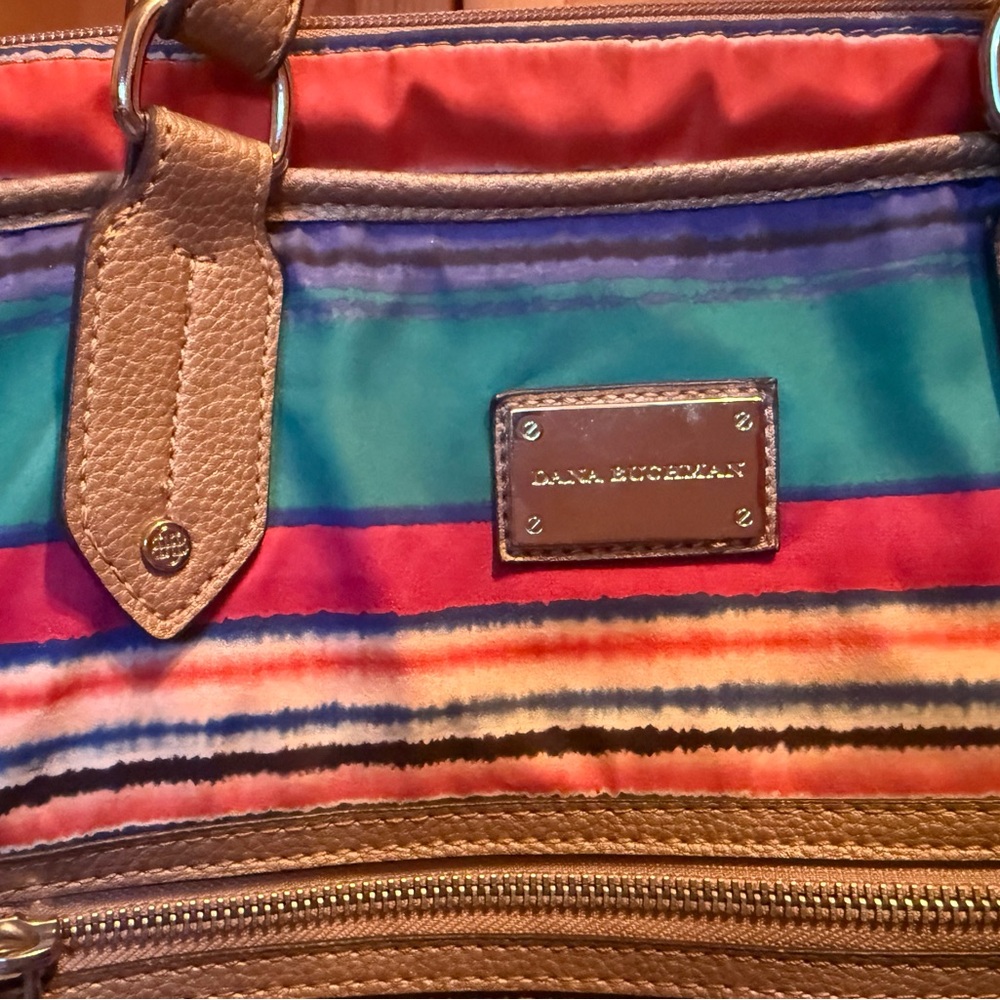 Dana Buchman Striped Tote in Teal, Navy, Coral and Brown Trim - Picture 3 of 5